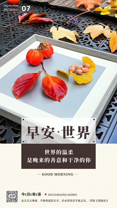 早安世界日签秋天落叶摄影图海报