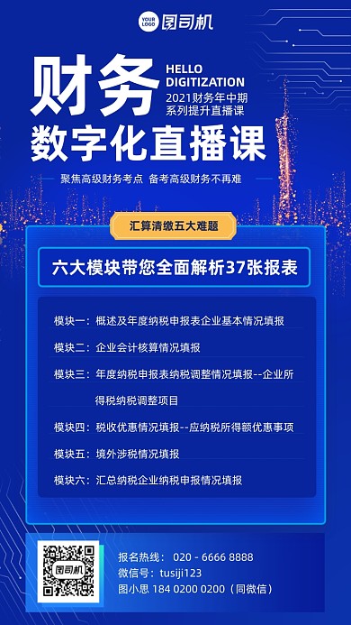 财务数字化直播课蓝色简约手机海报
