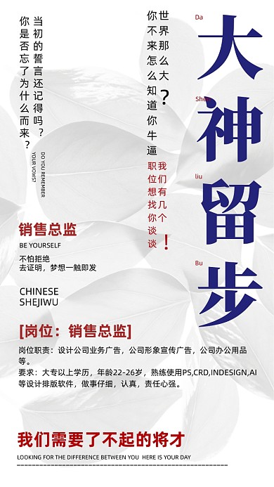 企业招聘白色树叶摄影图海报