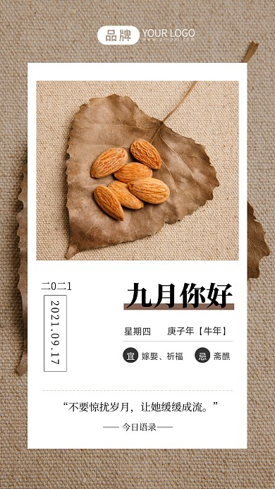 九月你好日签清新坚果摄影图海报