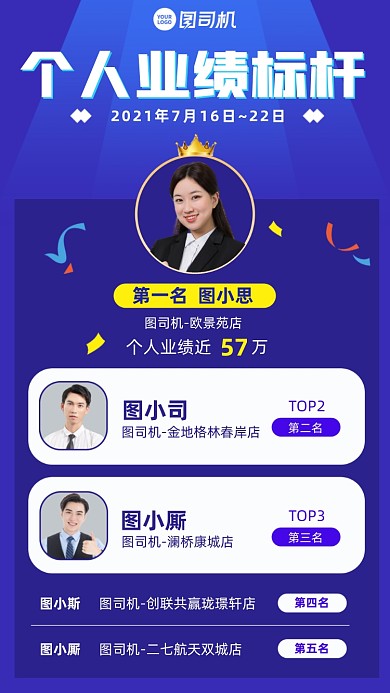 个人业绩标杆排名蓝色简约手机海报