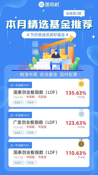 精选基金推荐蓝色插画风手机海报