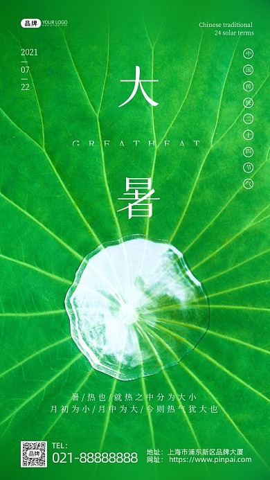 大暑节气阳光荷叶水珠波纹摄影图海报