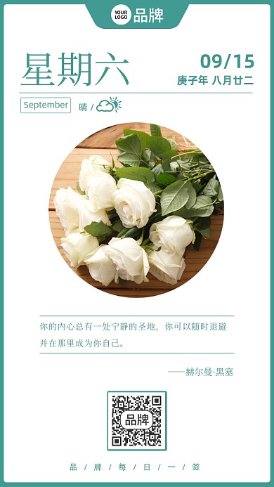 九月日签清新白色玫瑰花摄影图海报