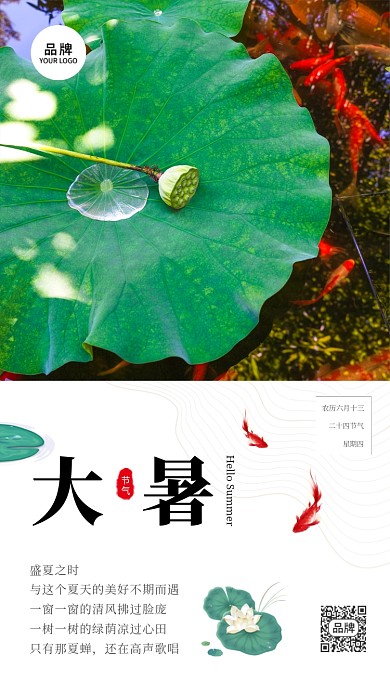 大暑节气池塘荷叶荷花鲤鱼摄影图海报