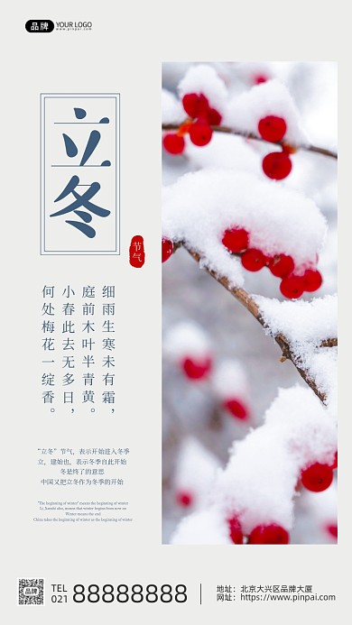 立冬节气下雪树枝红果子摄影图海报