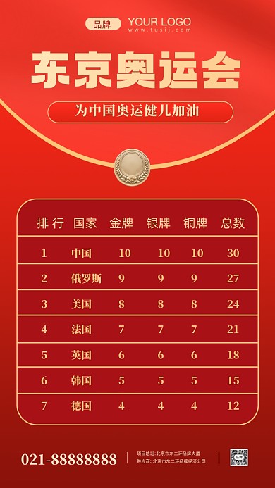 奥运会开幕奖牌排名摄影图手机海报