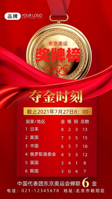 奥运会金牌榜奖牌摄影图海报