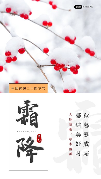 霜降节气冬季雪景树枝果子摄影图海报