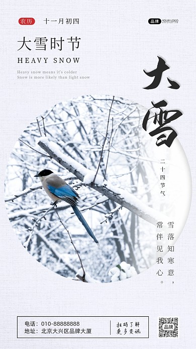 大雪节气雪天鸟在树枝上摄影图海报