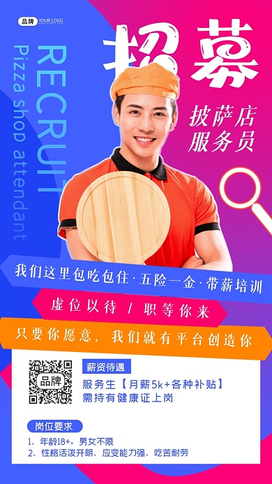 服务生招募披萨店男性摄影图海报
