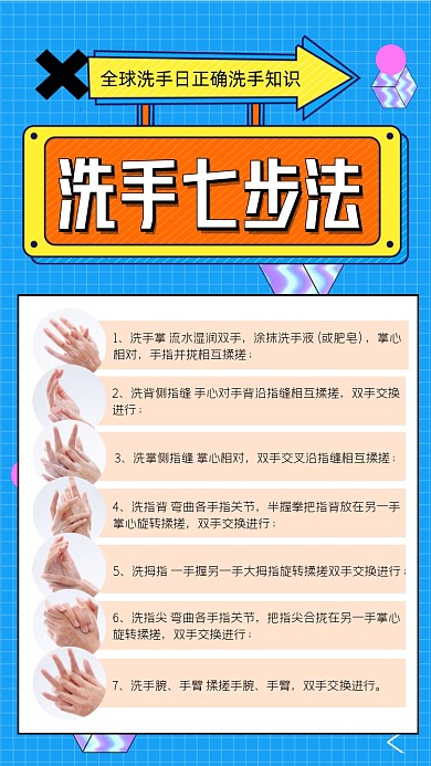 洗手七步法蓝色公益宣传海报