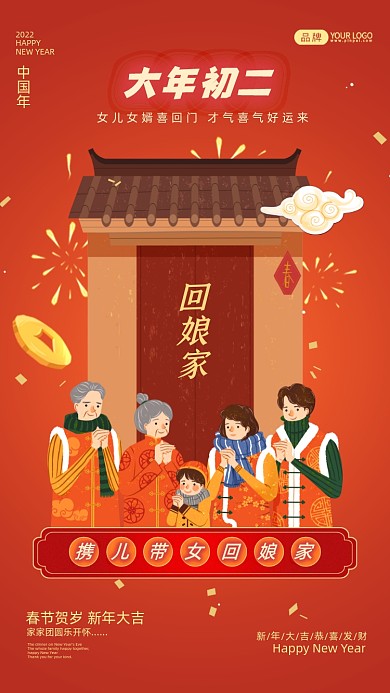 大年初三春节套图插画风摄影图海报