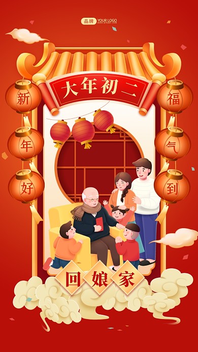 新年习俗大年初二插画摄影图海报
