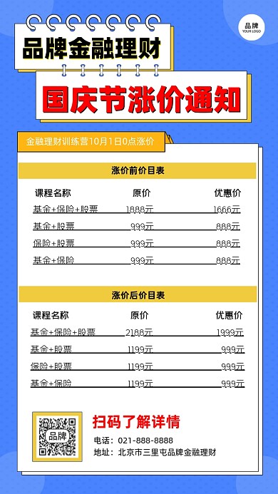 金融理财培训涨价通知海报