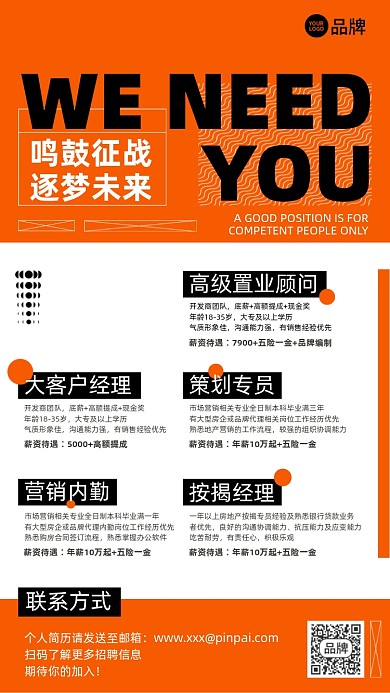 房地产时尚简约招聘橙黑色手机海报