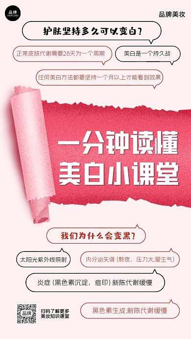 美白小课堂撕裂风海报