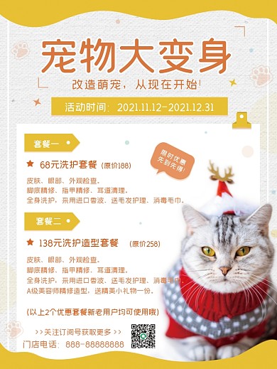 宠物美容洗澡装扮造型服务促销套餐可爱海报