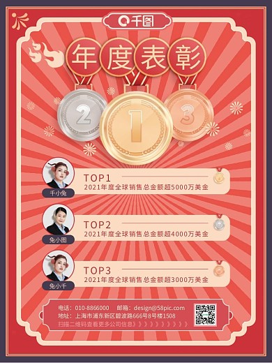 红色喜庆企业年度表彰排行榜海报