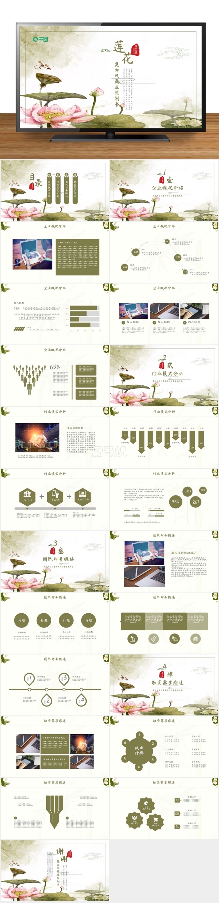 簡約蓮花復古風商業(yè)計劃策劃書PPT模板
