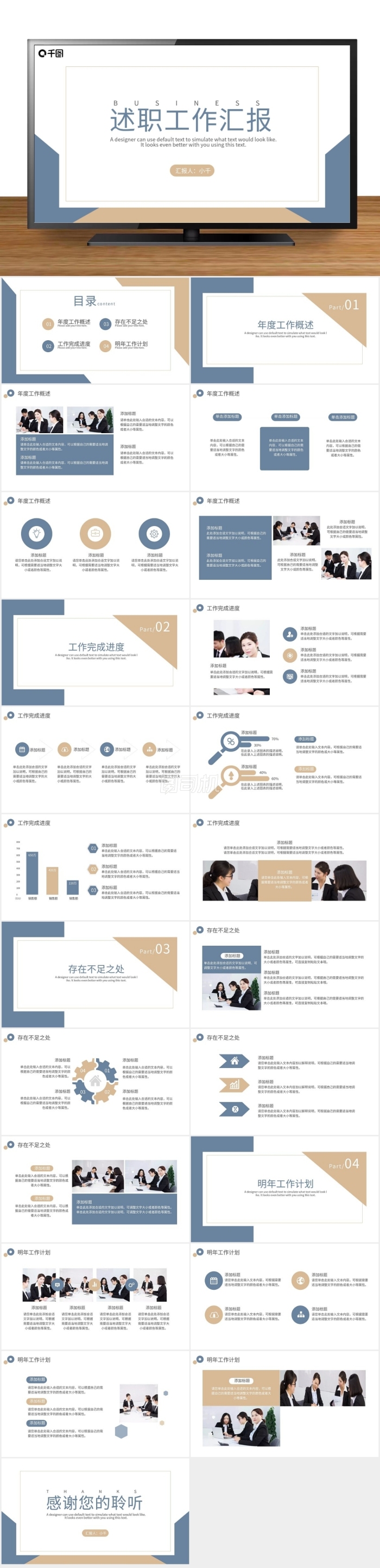 藍金簡約風述職報告工作總結通用PPT模板