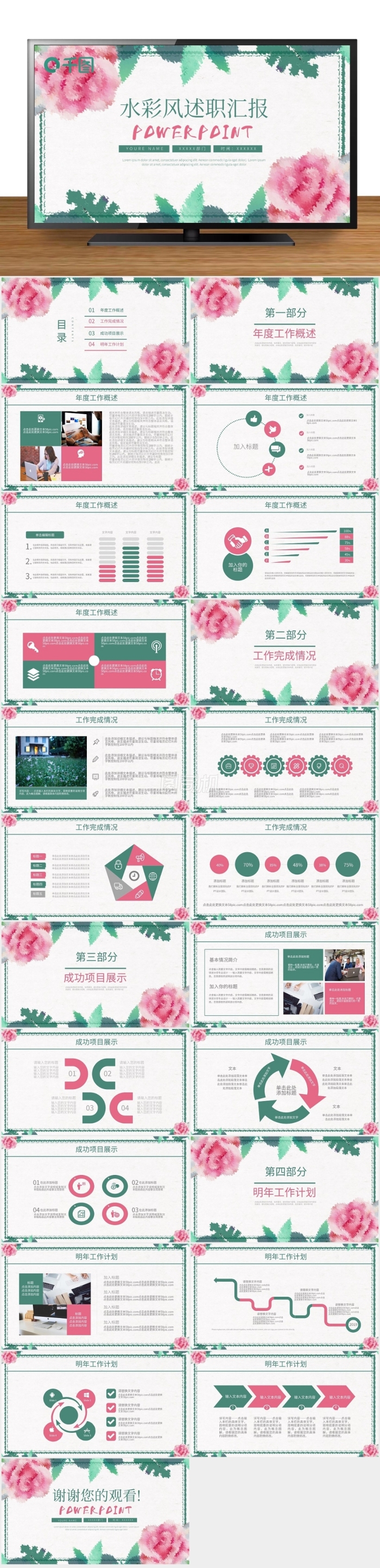 水彩花卉風(fēng)述職匯報(bào)計(jì)劃總結(jié)通用ppt模板
