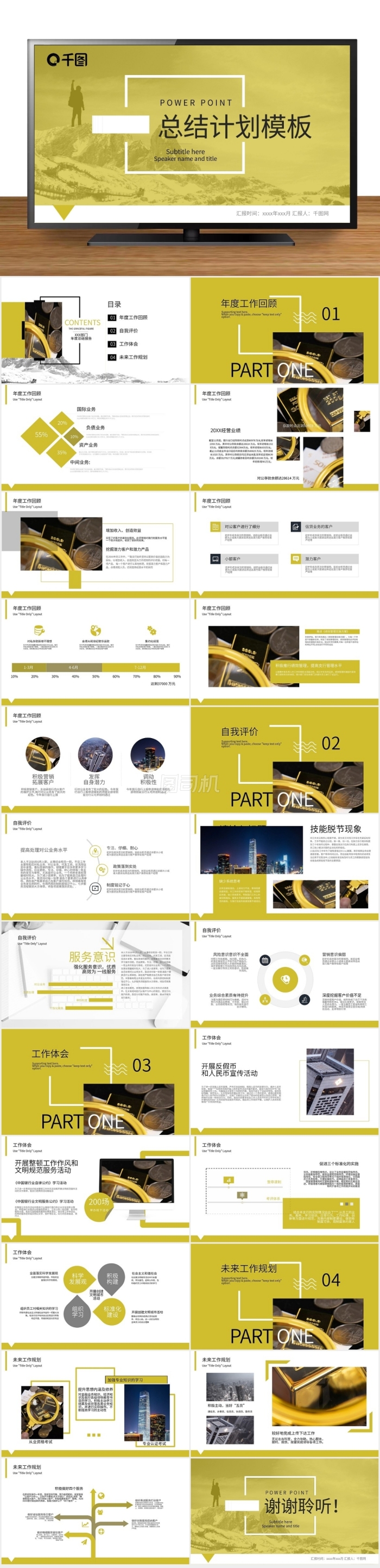 內(nèi)容型銀行工作總結(jié)匯報計劃PPT模板黃色