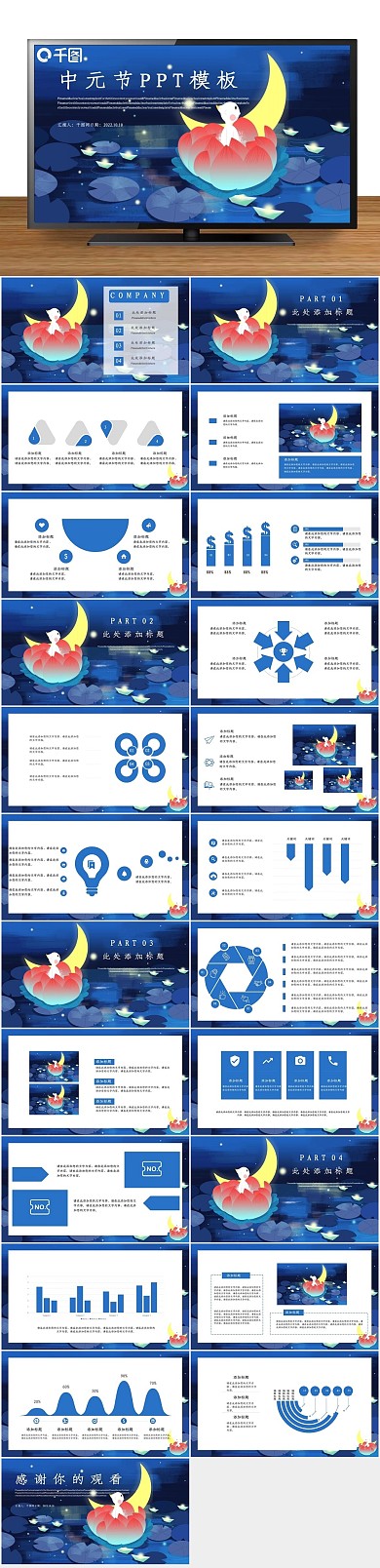 节日庆典总结报告插画风中元节PPT
