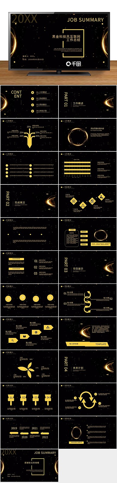 金色黑色科技风互联网工作总结PPT
