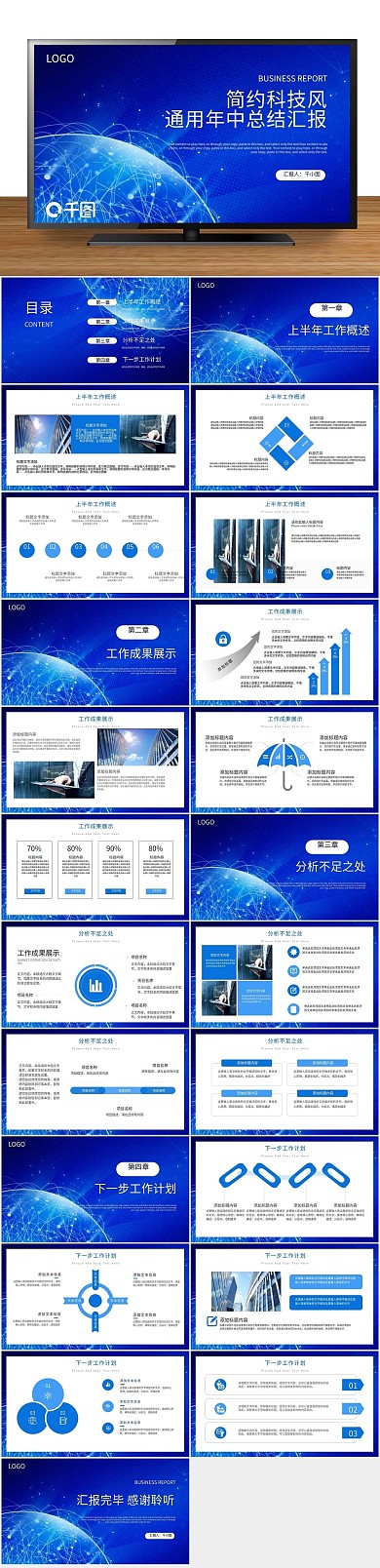 商务蓝色风通用年中总结汇报PPT
