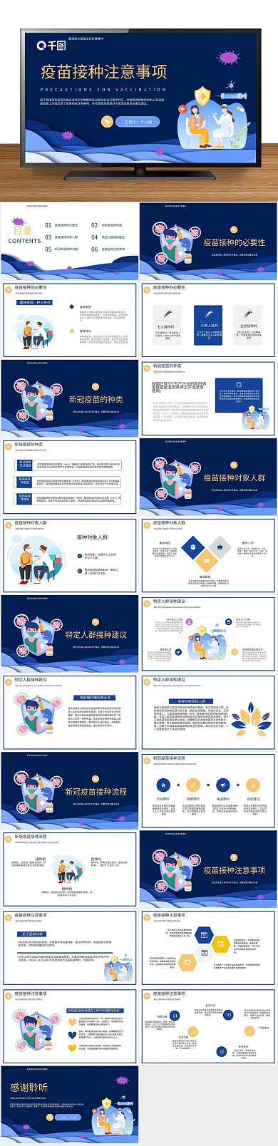 简约蓝色新冠疫苗接种注意事项PPT
