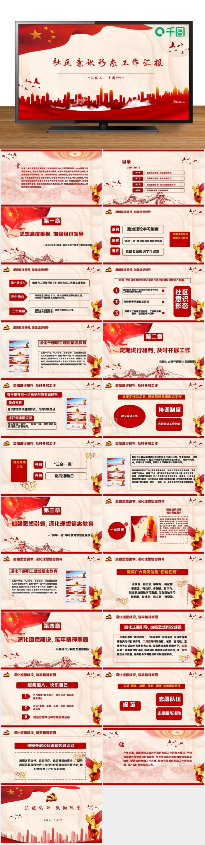 紅色黨政風(fēng)社區(qū)意識工作匯報(bào)動(dòng)態(tài)PPT模板