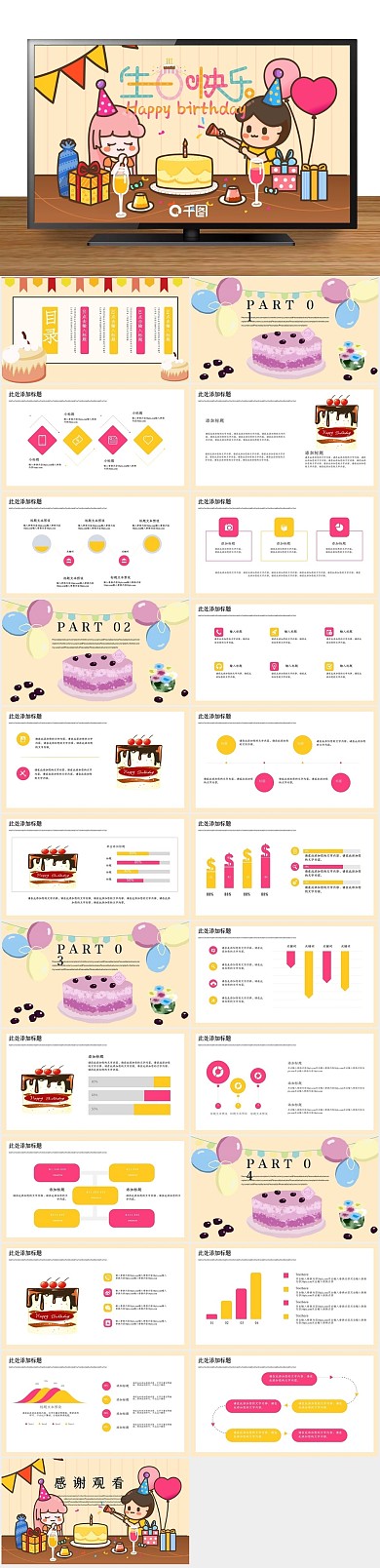 节日庆典总结报告卡通生日快乐PPT
