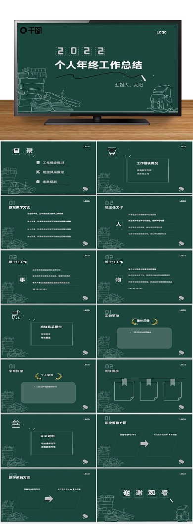 手绘个人教师年终总结黑板简约
