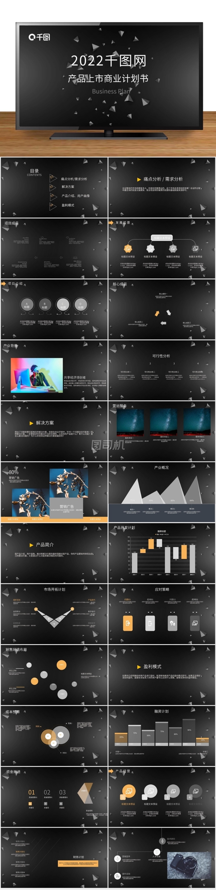 黑色千圖網(wǎng)產(chǎn)品上市商業(yè)計(jì)劃書ppt詳細(xì)內(nèi)容模板