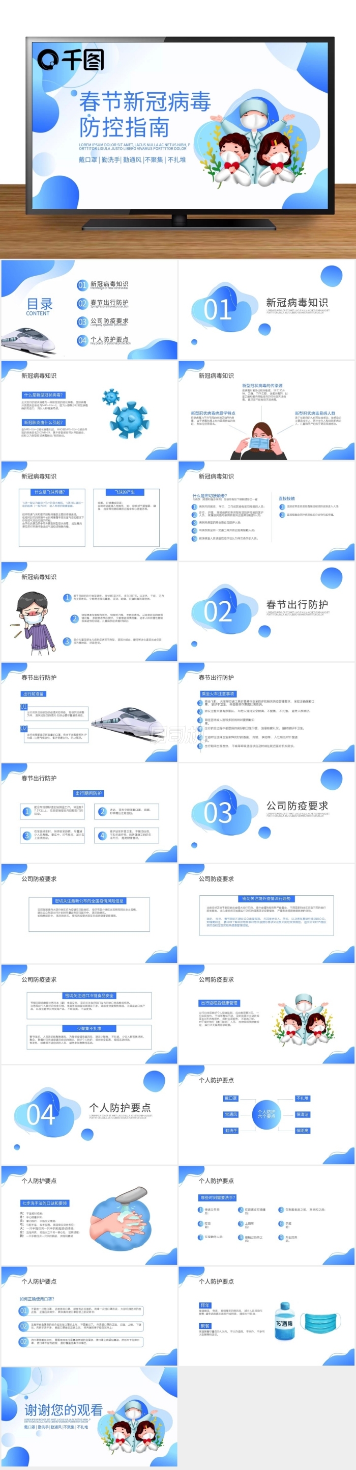 藍色春節(jié)新冠病毒疫情防控指南PPT模板