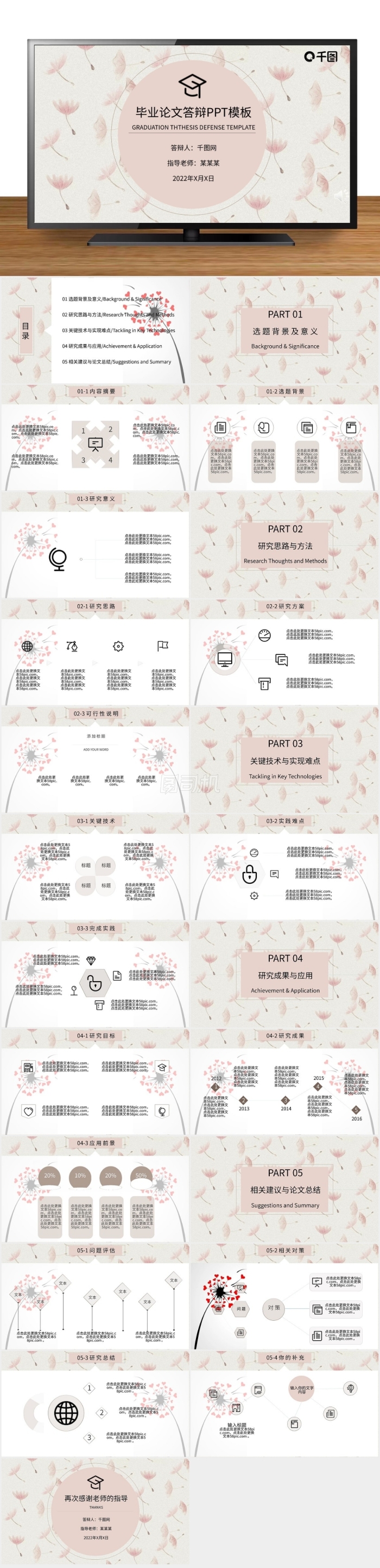 粉色系畢業(yè)論文答辯模板小清新幻燈片模板