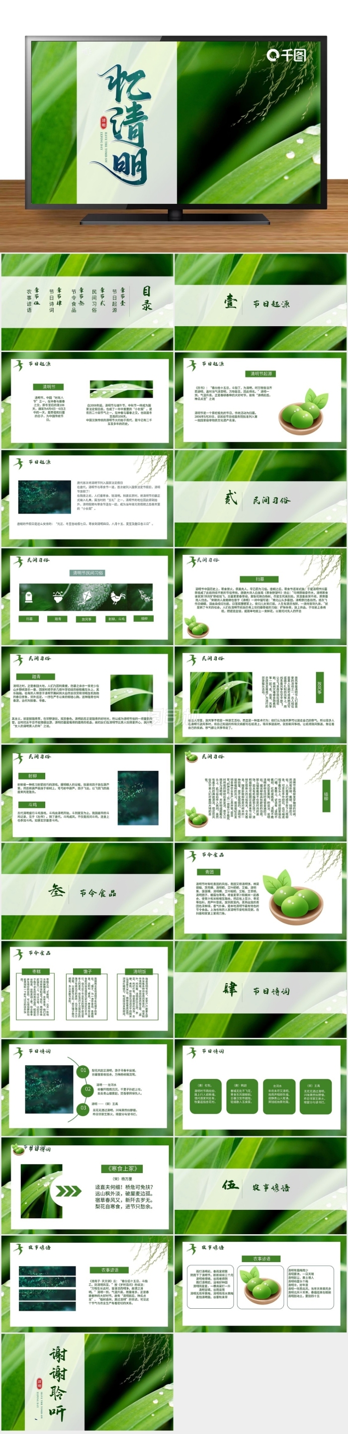 綠色葉子質(zhì)感清明節(jié)節(jié)日介紹PPT