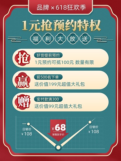 蓝色简约国潮618狂欢季电商通用预约主图