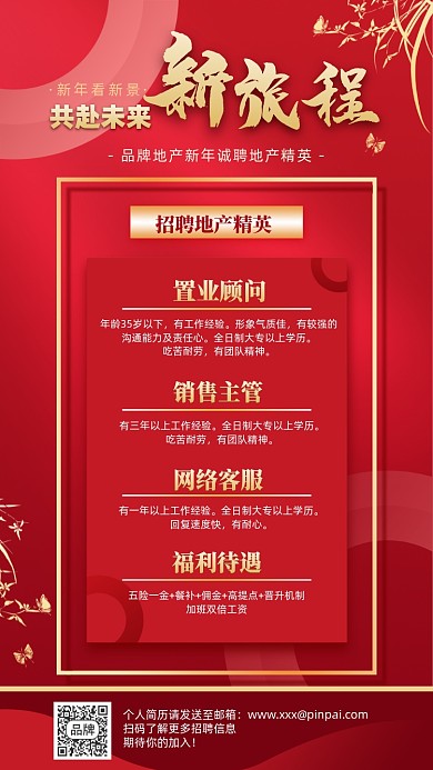 房地产招聘简约红金色喜庆摄影图海报