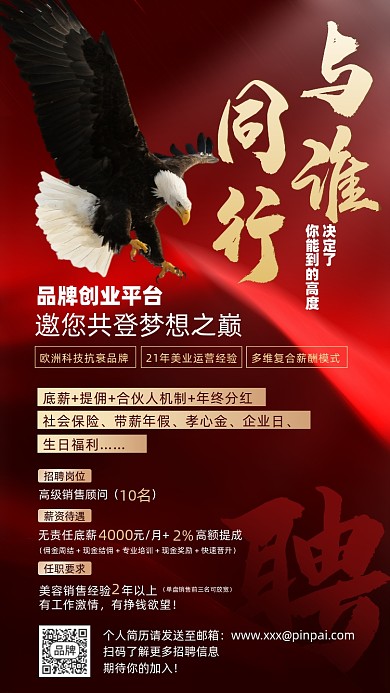 招聘精英红金色摄影图海报
