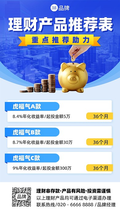 理财产品推荐蓝色摄影图海报