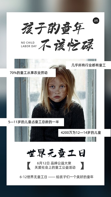 世界无童工日郁闷的女孩摄影图海报