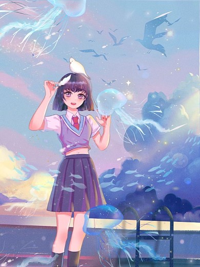 夏至夏天天空水母小清新女孩插画