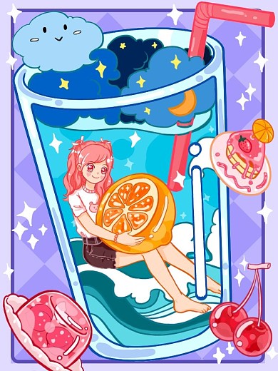 夏天的和清凉饮料茶明线果冻风插画