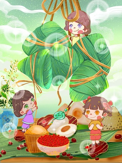 端午节可爱粽子上玩耍美食插画