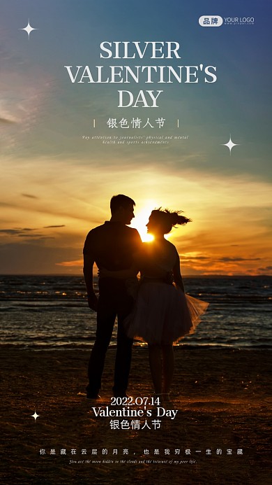 银色情人节情侣剪影摄影图海报