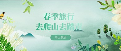 春季旅行宣传小鸟花朵青色手绘新媒体配图