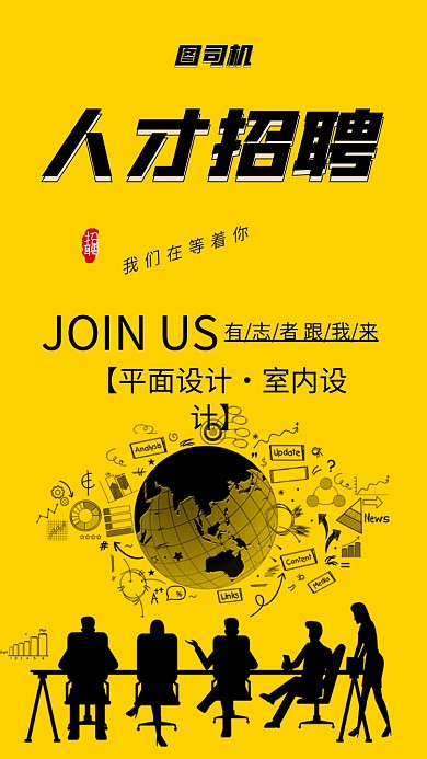 黄色简约人才招聘手机海报