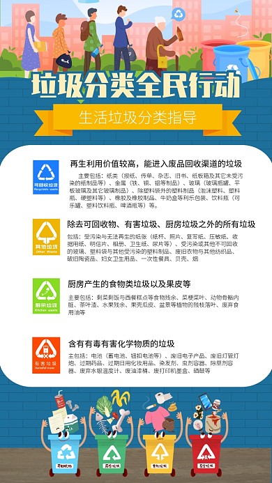 蓝色健康垃圾分类全民行动手机海报